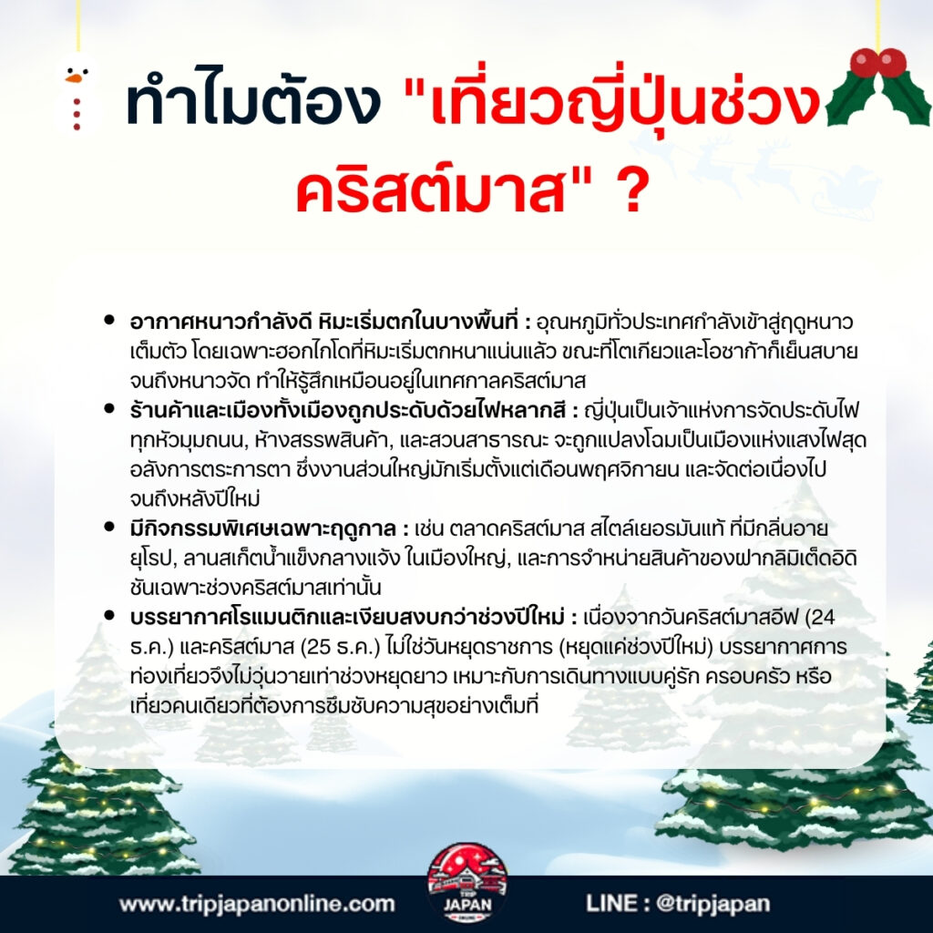  เที่ยวญี่ปุ่นช่วงคริสต์มาส ปี 2025 รวมเทศกาล แสงไฟ ตลาดคริสต์มาส และเมืองสุดโรแมนติกทั่วประเทศ พร้อมเคล็ดลับเตรียมตัวเที่ยวหน้าหนาว