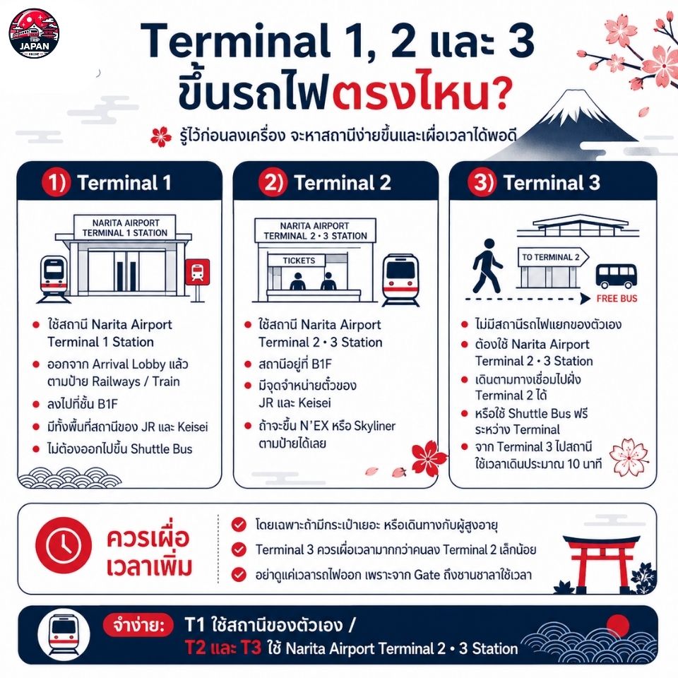 Narita Terminal 1 2 และ 3 ขึ้น Skyliner และ N’EX ที่สถานีรถไฟตรงไหน