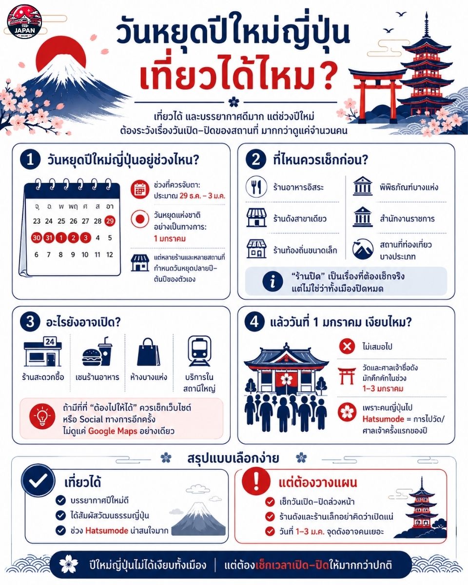 ช่วงไหนไม่ควรเที่ยวญี่ปุ่น เที่ยวญี่ปุ่นปีใหม่ได้ไหม ช่วง 29 ธันวาคมถึง 3 มกราคม ร้านปิดหรือไม่